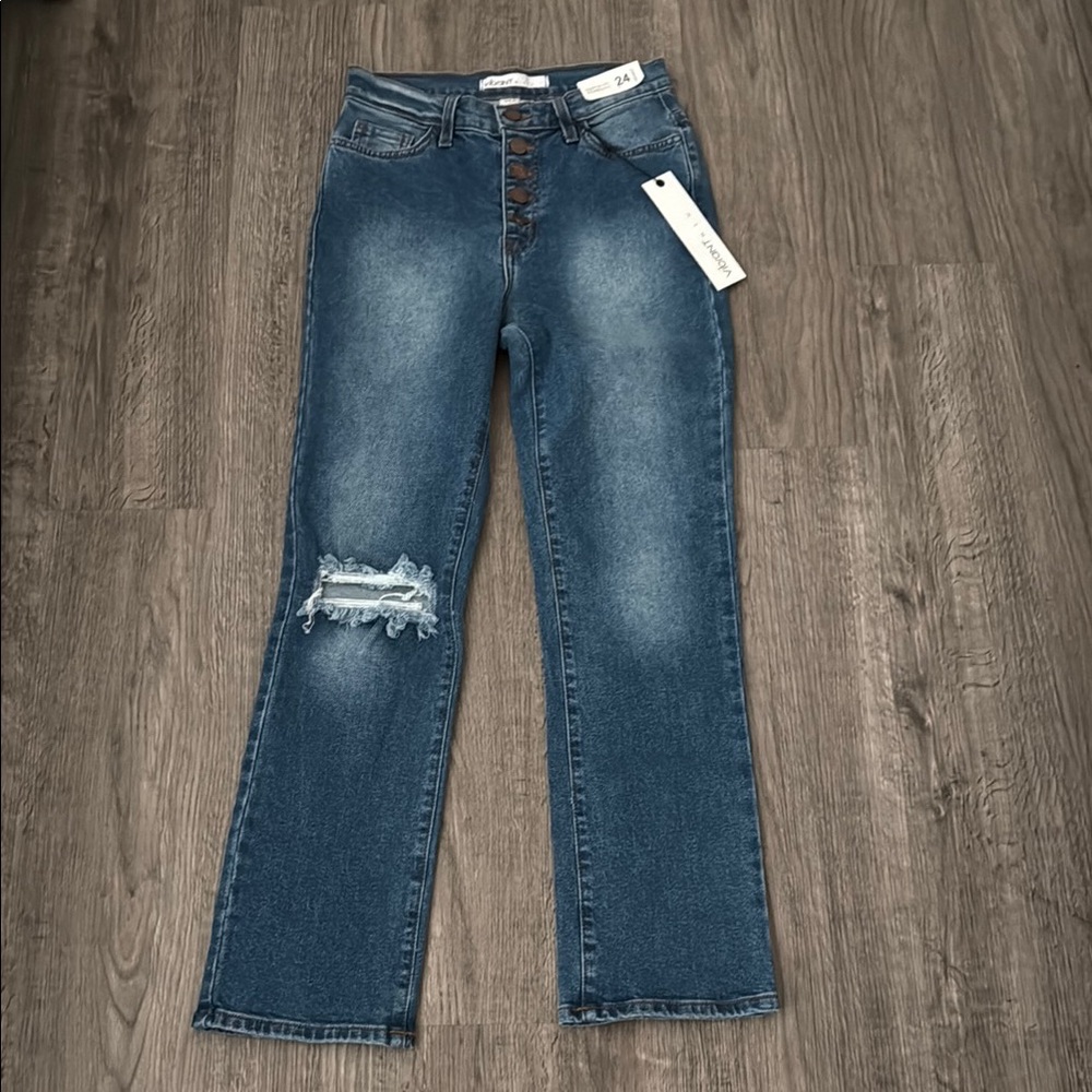 Vibrant Blue Flare Wide Leg Jeans with Distressed Knee